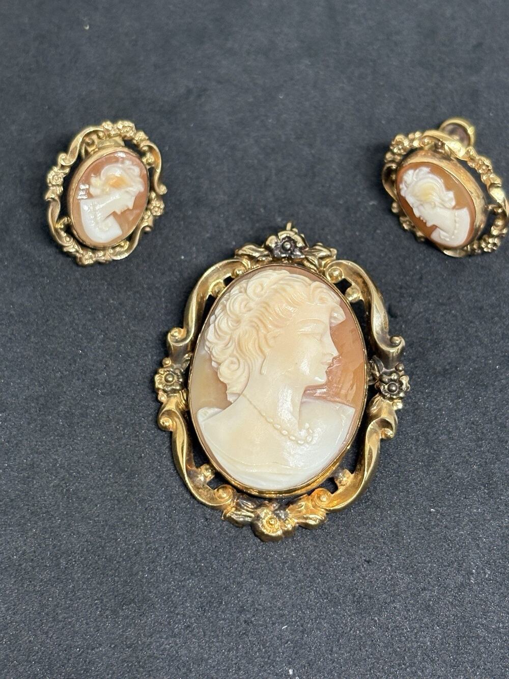 Vintage 1/20 12k Gold Filled Lady Cameo Floral Pendant Brooch Earring Set